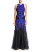 Sleeveless Embroidered Racerback Gown, Cobalt/black