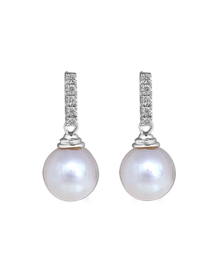 Elegant 14k White Gold Diamond Pearl-drop Earrings,