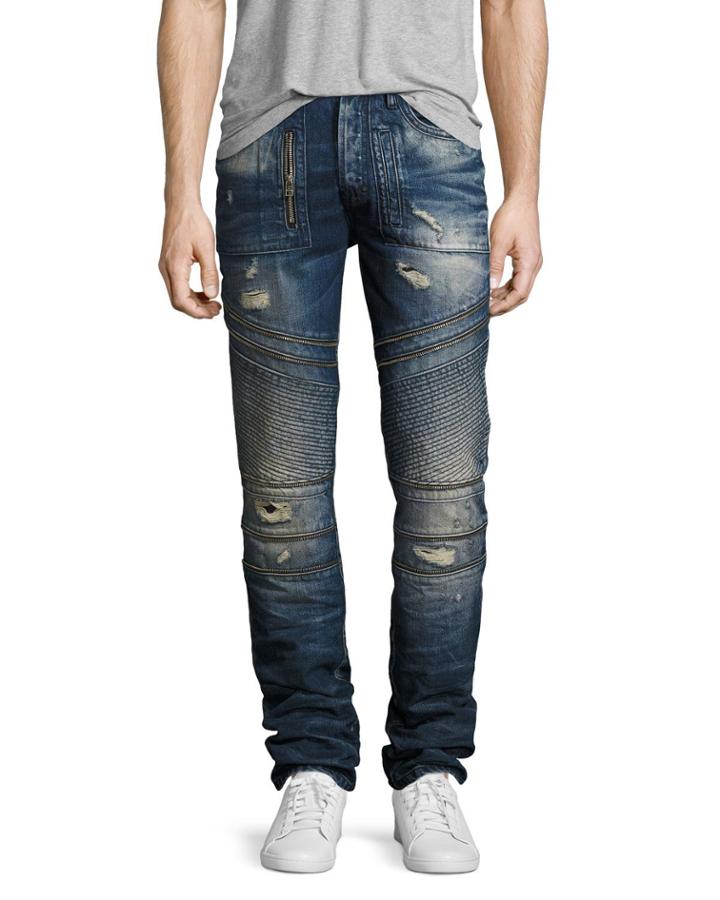 Demon Distressed Moto Slim-straight Jeans, Camping (dark Blue)