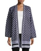 3/4-sleeve Printed Knit Jacket, Blue/white