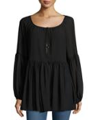 Long-sleeve Button-front Bell Top, Black
