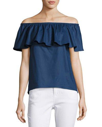 Off-the-shoulder Ruffled Top, Indigo