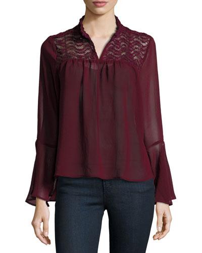 Ophelia Lace-yoke Sheer Blouse, Burgundy