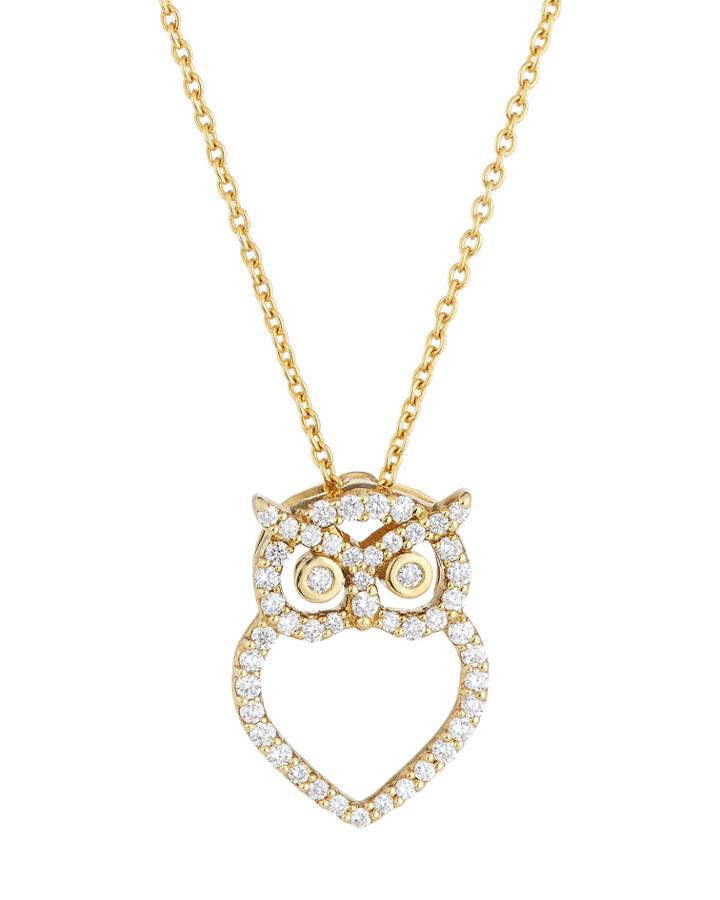 18k Yellow Gold Diamond Owl Pendant Necklace