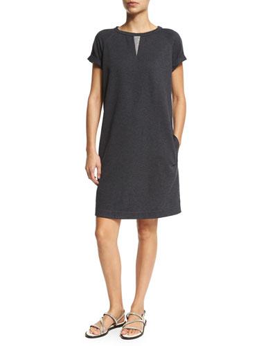 Rolled-sleeve Jewel-neck Shift Dress, Volcano