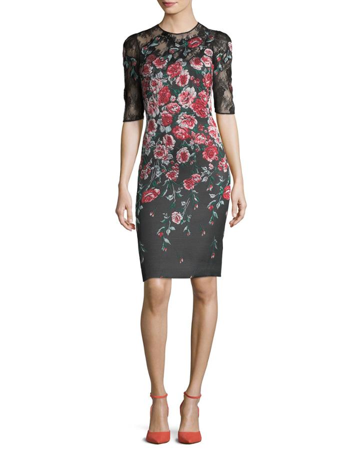 Floral-embroidered 1/2-sleeve Cocktail Dress
