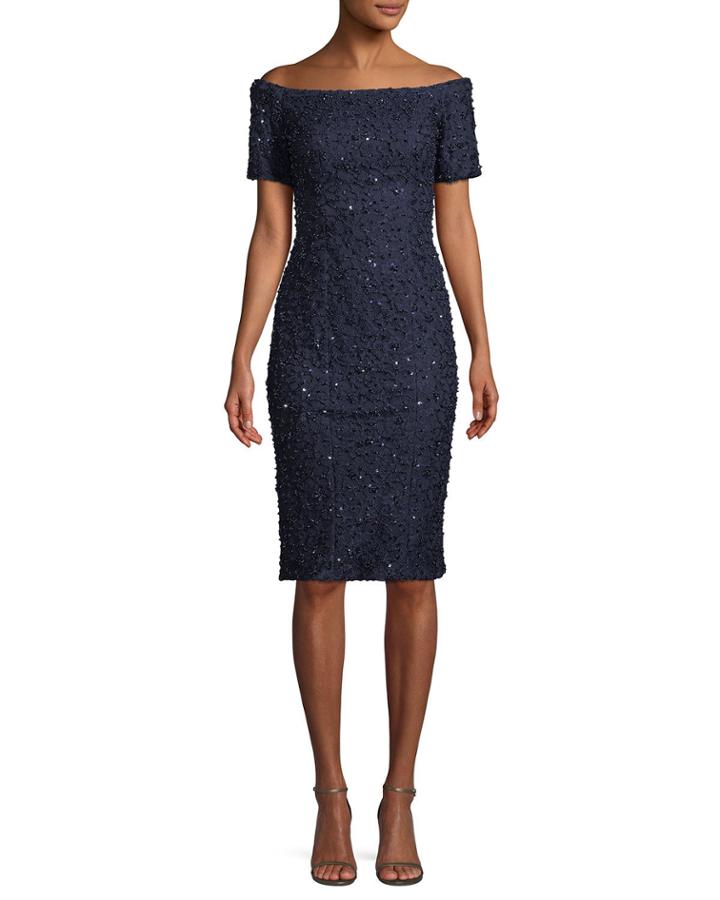 Sequin Beaded Off-the-shoulder Lace Cocktail Dress