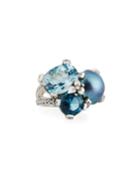 Blue Topaz & Mabe Pearl Three-stone Ring,
