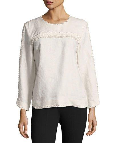 3/4-sleeve Linen Top, Beige