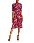 Floral Mock-neck Short-sleeve Dress