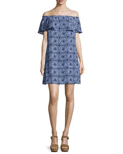 Ruffled Off-the-shoulder Dress, Blue Pattern