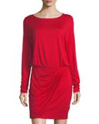 Long-sleeve Tucked Jersey Wrap Dress