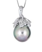 14k White Gold Gray Pearl & Diamond Pave Necklace