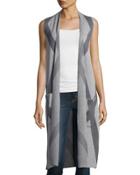 Printed Long Knit Vest, Gray