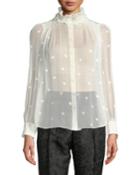 Bakery Dot Long-sleeve Sheer Devore Blouse W/ Ruffled Turtleneck