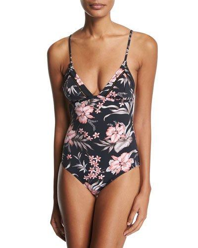 Hanalei Bralette One-piece Swimsuit, Black Pattern