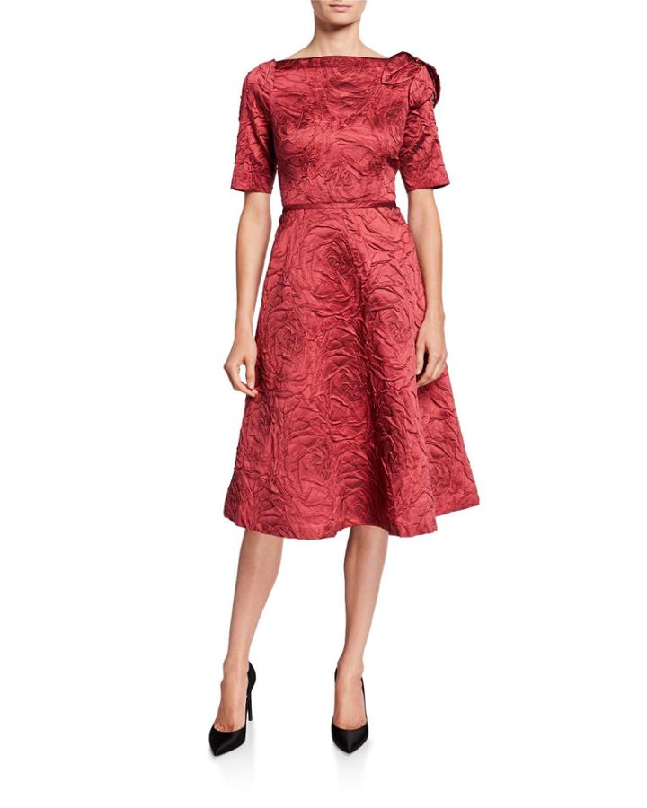 High-neck Elbow-sleeve Jacquard A-line Dress