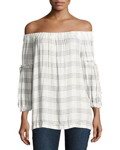 Grid Off-the-shoulder Blouse, White/black