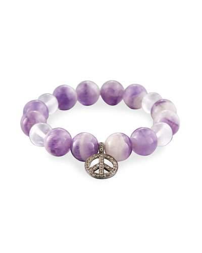 Amethyst Beaded Stretch Bracelet W/ Diamond Peace Charm