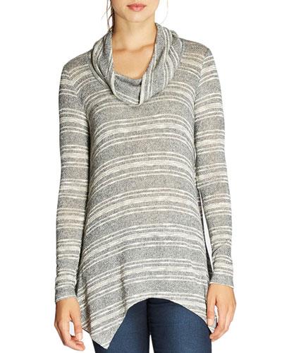 Cowl-neck Striped Knit Top, Gray