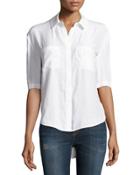 Short-sleeve Two-pocket Silk Blouse, White