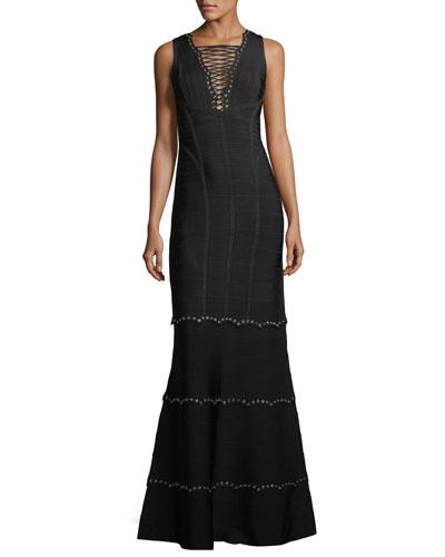 Sleeveless Lace-up Embellished Gown