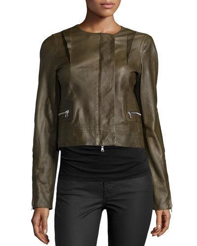 Long-sleeve Cropped Leather Jacket, Cornichon