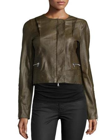 Long-sleeve Cropped Leather Jacket, Cornichon