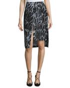 Tiered-hem Feather-print Skirt, Blue Pattern