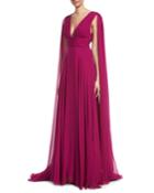 V-neck Shoulder-streamers Draped Silk Chiffon Evening Gown