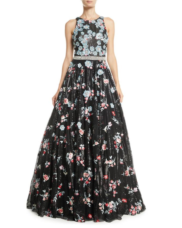 Sequin & Floral Embroidered Ball Gown