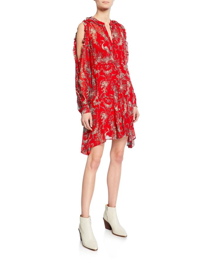 Silk Birdy-print Cold-shoulder Dress, Red