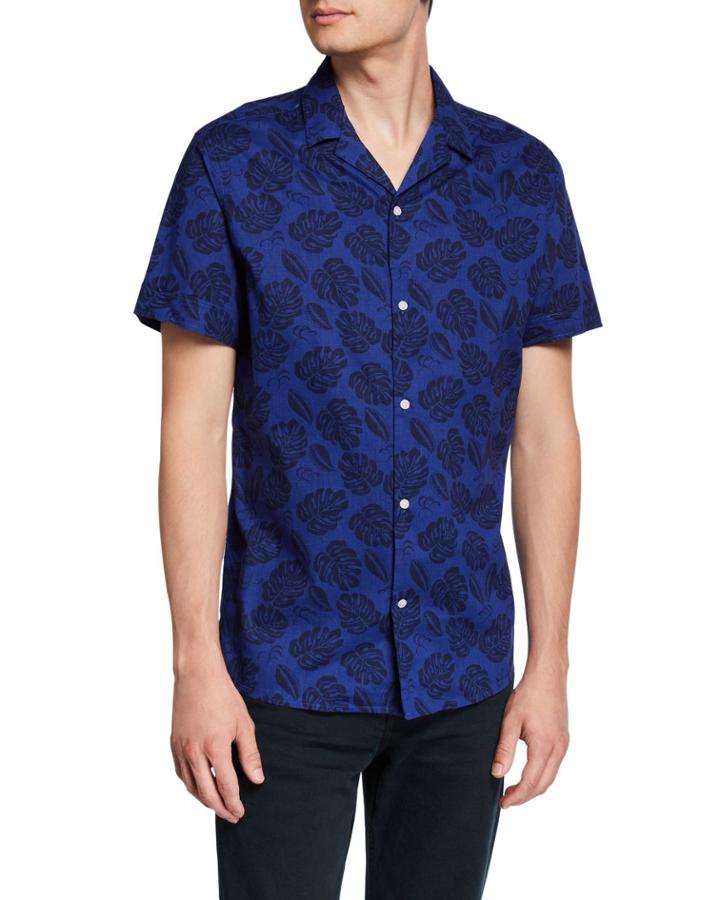 Men's Leaf-print Short-sleeve Button-down