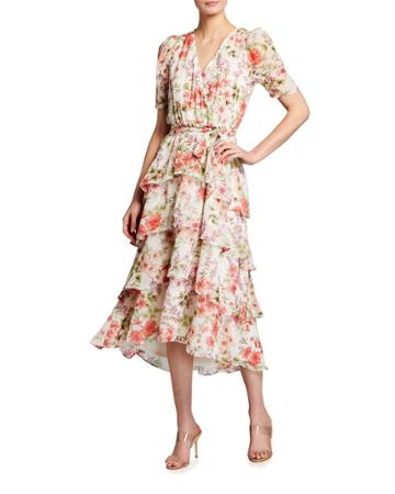 Floral Chiffon Faux-wrap Ruffle Dress