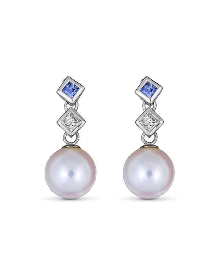 18k White Gold Diamond, Blue Sapphire & Pearl Earrings