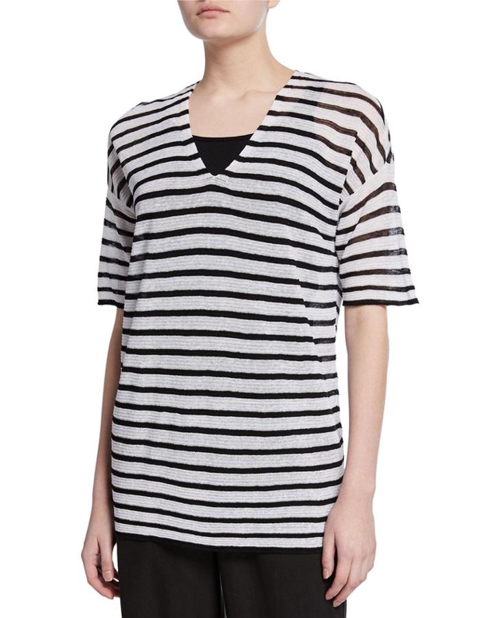 Plus Size Striped V-neck Elbow-sleeve Organic Linen Crepe
