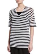 Plus Size Striped V-neck Elbow-sleeve Organic Linen Crepe