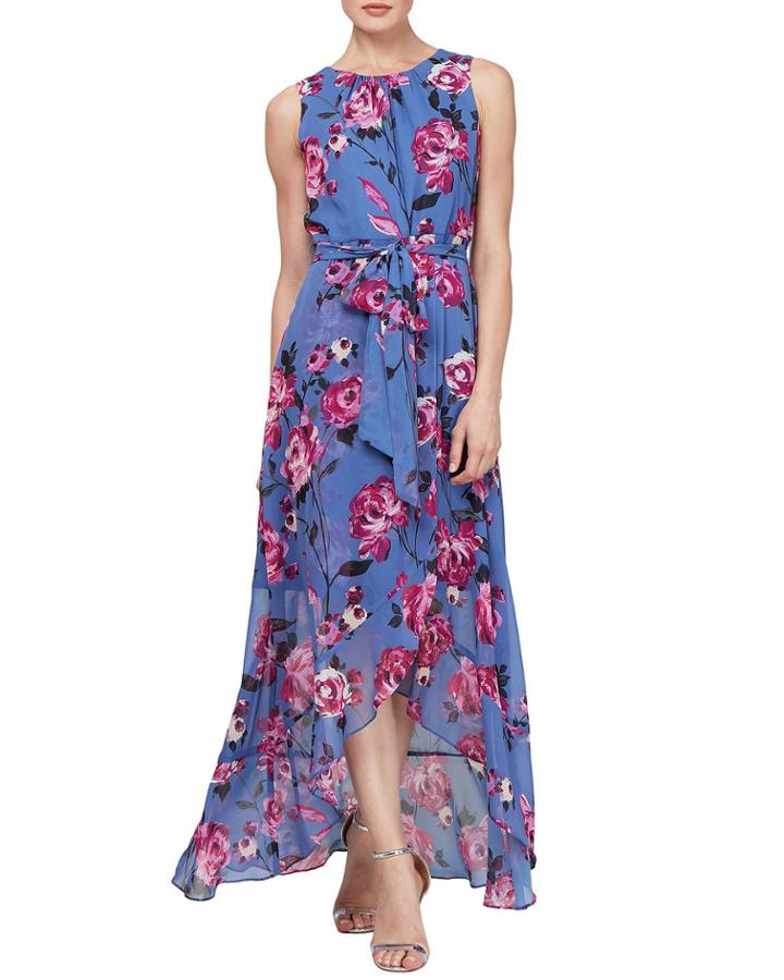 Asymmetrical Ruffled Floral-print Cocktail Dress