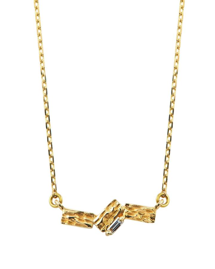 14k Gold Zigzag Bar Pendant Necklace W/ Diamonds