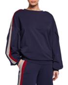 Striped French Terry Sporty Dolman-sleeve Pullover