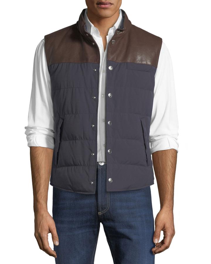 Men's Bi-material Leather Vest With Down Fill