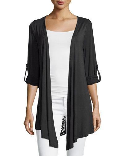 Crochet-back Tab-sleeve Cardigan, Black