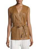 Sleeveless Leather Wrap Top, Tobacco