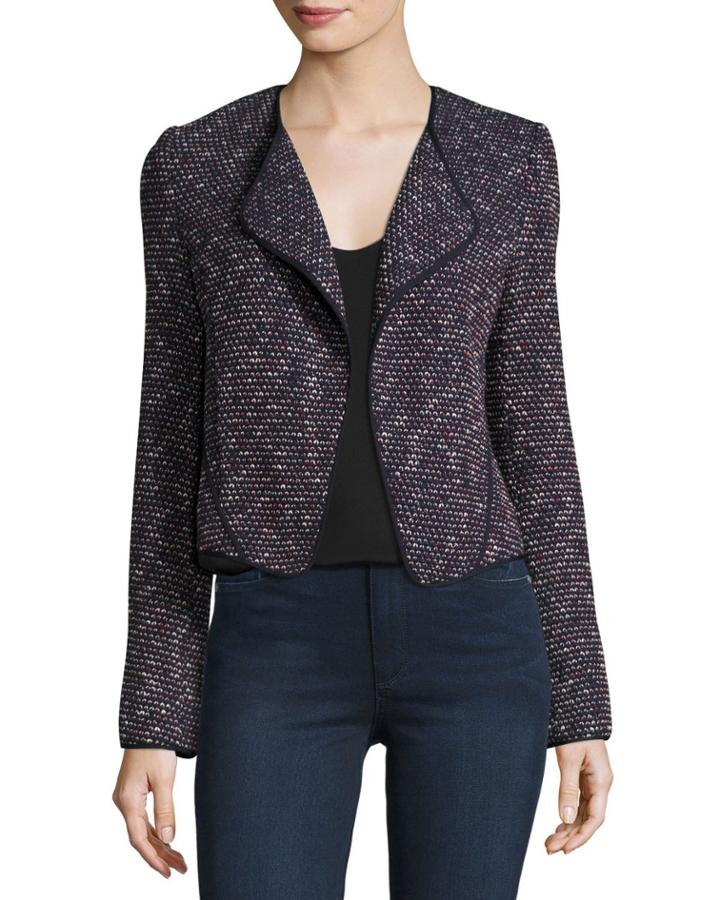 Long-sleeve Tweed Cardigan Jacket, Navy