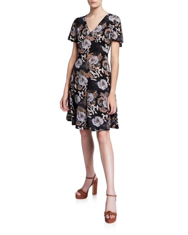 Floral V-neck Flutter-sleeve Dress
