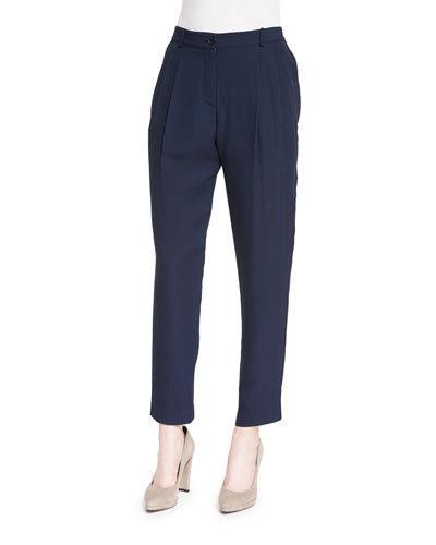 Textured Pleated-front Trousers, Navy
