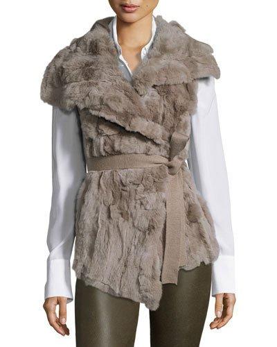 Rabbit Fur-front Knit Vest, Taupe