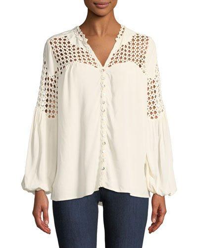 Crochet-panel Button-front Blouse