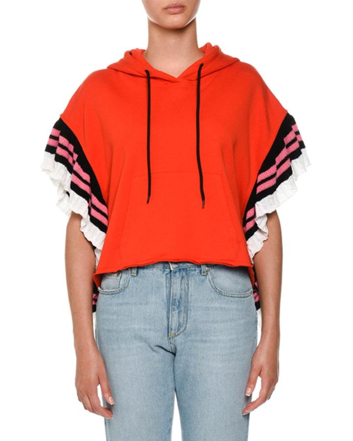 Ruffle Hooded Sweatshirt W/