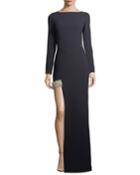 Iris Long-sleeve Column Evening Gown W/ Pearlescent Band